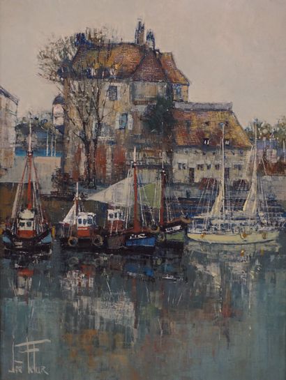 Joë LE FUR (1920-2001) "Port de Honfleur", huile sur toile. 61x46 cm