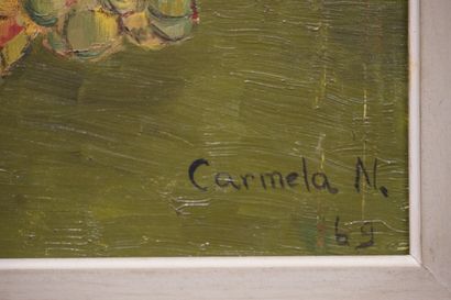 Carmela NOVIC "Nature morte aux fruits", huile sur toile, sbd, daté 69. 27x46 cm