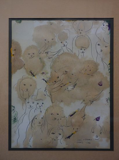Anni MEHAWA "Visages", dessin, sbd, daté 1983. 27x21 cm