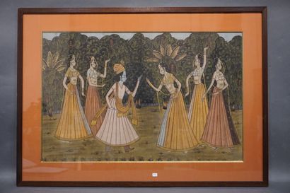 null Gouache indienne: "Danseur et danseuses". 49x76 cm