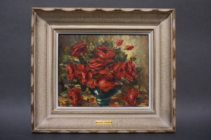 Henri BARGIN (1906-1980) "Roses rouges à la coupe verte", huile sur isorel, sbg....