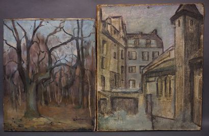 null Deux huiles sur toile: "Forêt" (57x47 cm) et "Ville".