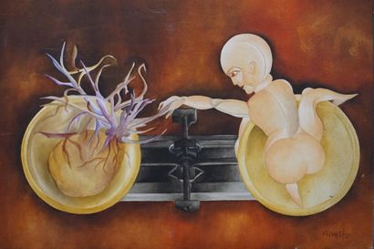 FITNAT "La balance", huile sur toile, sbd, daté 78. 38x55 cm