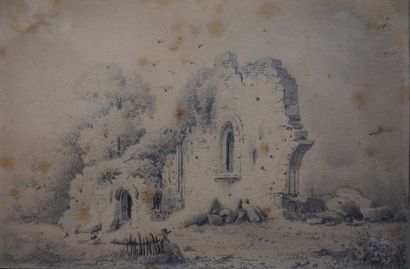 null Ecole ancienne: "Ruines", dessin au crayon "Site favori de S. Walter Scott"...