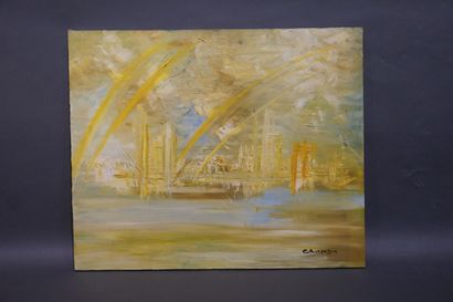 C. SIMONDIN "Ville jaune", huile sur toile, sbd. 60x73 cm
