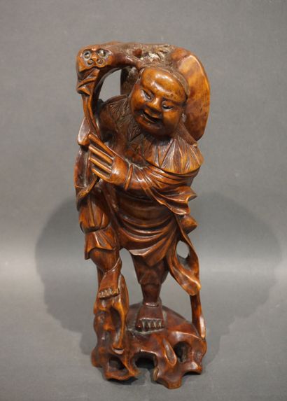 null Statuette asiatique en bois "Homme au crapeau" (fentes). 33 cm