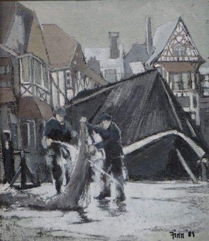 Elizabeth FINN (1933) "Retour de pêche", gouache, sbd, daté 1981. 15x13 cm