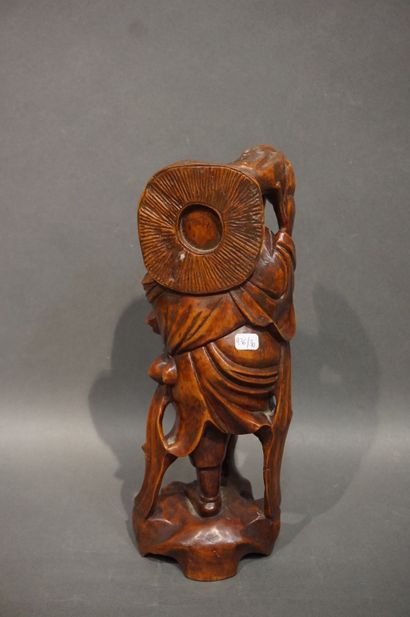 null Statuette asiatique en bois "Homme au crapeau" (fentes). 33 cm