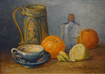 Reyne-Marin DE PYERNE "Nature morte aux oranges et au citron", huile sur toile, sbd....