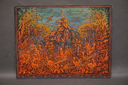 null Ecole XX°: "Animaux dans la forêt orange", huile sur isorel. 50x65 cm
