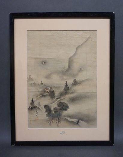 Takemma TOUALI (1852-1915) Estampe japonaise: "Paysage de montagnes". 34,5x24,5 ...