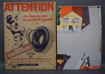null Deux plaques en tôle "Michelin" et "Croisement" (usures). 80x60 cm et 74x51...
