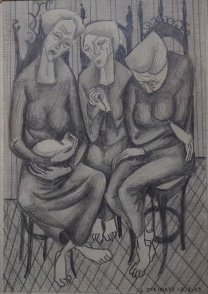 J. STEIMETZ "Trois dames assises", dessin, sbd, daté 49. 18x13 cm