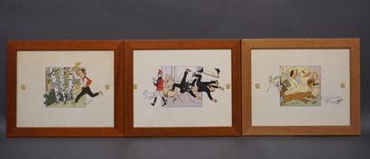 TINTIN Trois pièces encadrées "Tintin". 29x34,5 cm