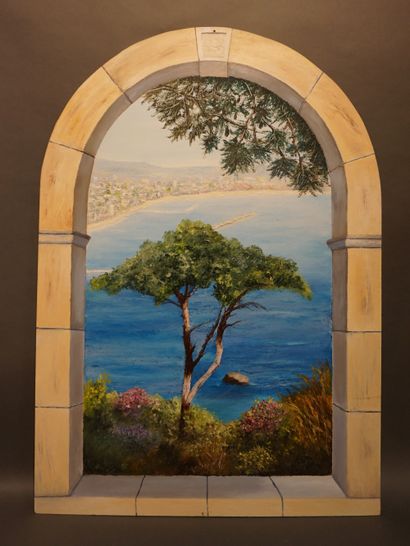null 
Panneau de contreplaqué peint"Vue de Méditerranée". 135 x 95
