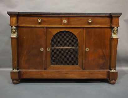 BUFFET 
Mahogany and mahogany veneer sideboard with three doors, one of which is...