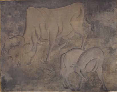 Tsuguharu-Léonard FOUJITA (1886-1968) "Les animaux de la ferme: cheval et vache allaitant...