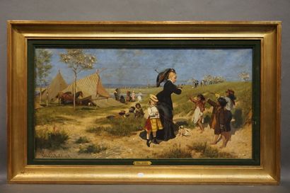 Hans DAHL (1849-1937) "The Visit to the Little Bohemians, 1876", oil on canvas. Signed...