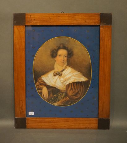 null Ecole française vers 1830: "Portrait de femme au ruban", gouache ovale. 24,5x20...