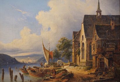 Viktor WEISHAUPT (1848-1905) "Hameau au bord de lac", circa 1850, huile sur toile....