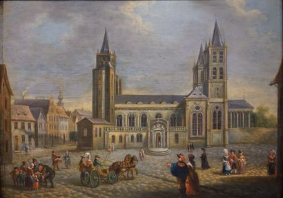 null Northern School, ca. 1880: "Lively scene in front of a cathedral", oil on wood....