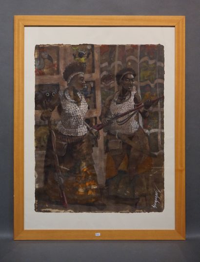 Julien SINZOGAN (né en 1957) "Two African women", gouache and natural pigments on...