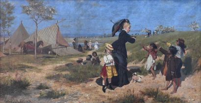 Hans DAHL (1849-1937) "La visite aux petits Bohémiens, 1876", huile sur toile. Signée...