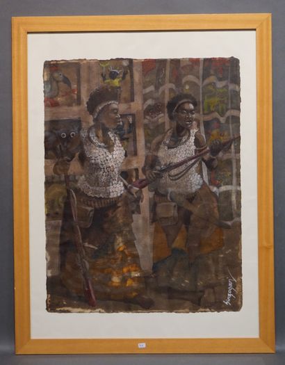 Julien SINZOGAN (né en 1957) "Deux femmes africaines", gouache et pigments naturels...