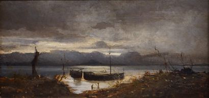 null Entourage d'APPIAN, circa 1880: "Barques, nuit tombante", huile sur carton....