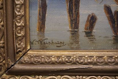 Viktor WEISHAUPT (1848-1905) "Hameau au bord de lac", circa 1850, huile sur toile....