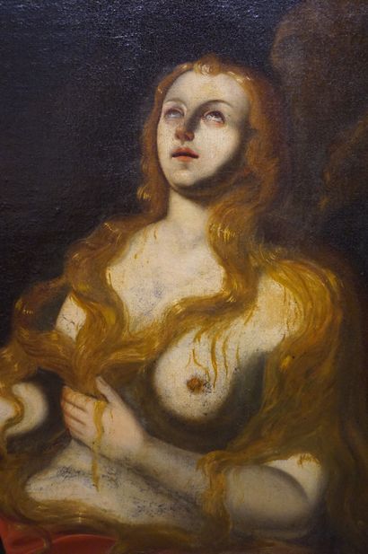 null Ecole XVIIe:" Femme aux angelots", huile sur toile (déchirure, manques). 95x133...