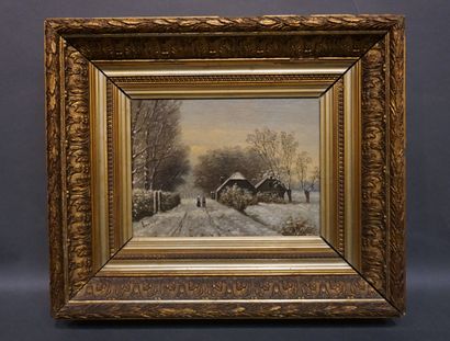 Louis Apol (1850-1936) (d'après) "Paysans sur une route enneigée", circa 1890, huile...