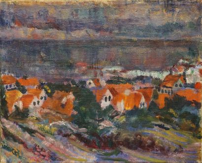 Ludwig Peter KARSTEN (1876-1926) "Les toits rouges, 1925", huile sur toile. Signée...