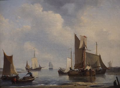 null Late 19th century English school: "Seaside with a Sailboat" and "Boats near...