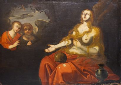 null Ecole XVIIe:" Femme aux angelots", huile sur toile (déchirure, manques). 95x133...