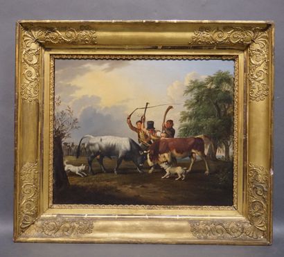 Johann Michael NEDER (1807-1882) "Deux taureaux luttant", huile sur acajou. 1836....
