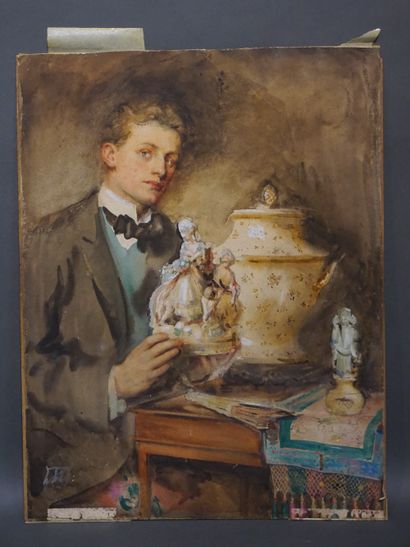 null Foreign school, early 20th century: "The porcelain merchant", circa 1910, watercolor....