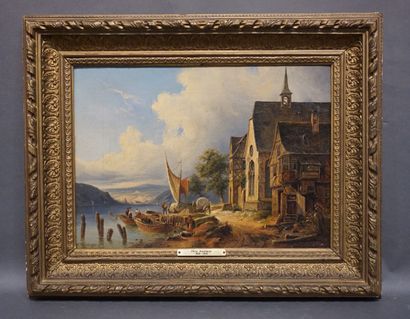 Viktor WEISHAUPT (1848-1905) "Hamlet by the Lake", circa 1850, oil on canvas. Signed...