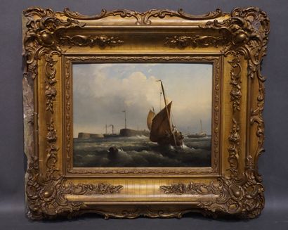 null Late 19th century English school: "Seaside with a Sailboat" and "Boats near...