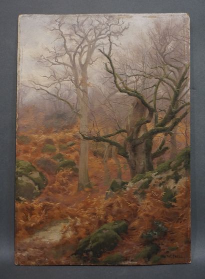 Walter PRELL (1857-1936) "Le sous-bois", circa 1920, huile sur bois. Signée en bas...