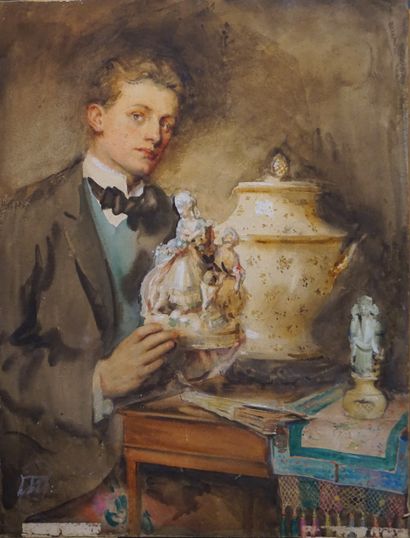 null Foreign school, early 20th century: "The porcelain merchant", circa 1910, watercolor....