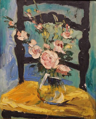 Jacques PETIT "La chaise noire", huile sur toile, sbd. 46x38 cm
