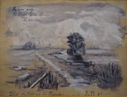 J. R. "Effet de nuit sur un marais", gouache, monogrammé en bas à droite et dédicacée....