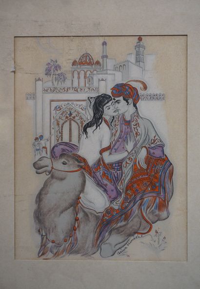 Genia Minache "Couple sur un dromadaire", gravure sur bois gouaché, sbd. 20,5x16...