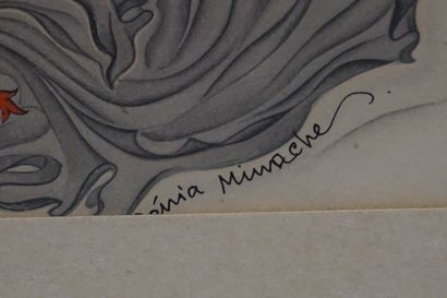 Genia Minache "Femme nue agenouillée au voile", gravure sur bois gouaché, sbd. 20,5x16...