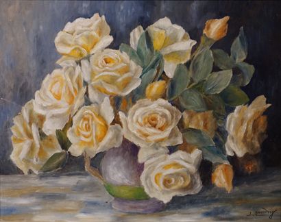J. LAUDRY "Bouquet de roses jaunes", huile sur isorel, sbd. 32,5x41 cm