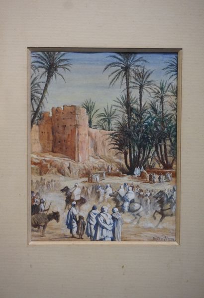 Gustave ALAUX (1887-1965) "Cavaliers arabes dans un village fortifié", technique...
