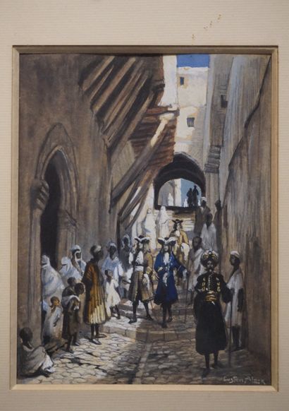 Gustave ALAUX (1887-1965) "Ambassadeurs dans une ruelle africaine", technique mixte,...