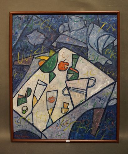 VINCENT DE QUINTAL "Nature morte des amoureux", huile sur toile. 65x54 cm