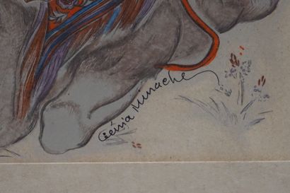 Genia Minache "Couple sur un dromadaire", gravure sur bois gouaché, sbd. 20,5x16...